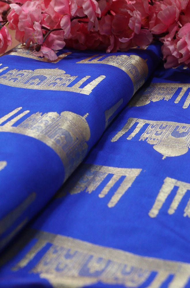 Blue Banarasi Silk Taj Mahal Design Fabric ( 1 Mtr) - Luxurionworld
