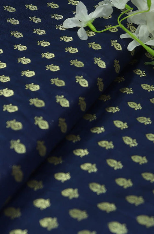 Blue Banarasi Silk Zari Booti Design Fabric ( 1 Mtr ) - Luxurion World