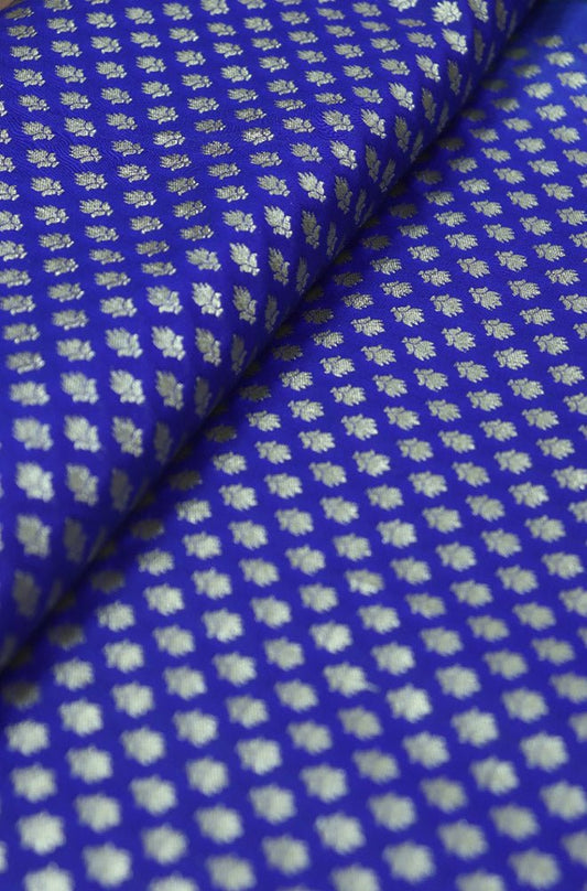 Blue Banarasi Silk Zari Booti Design Fabric ( 1 Mtr ) - Luxurion World