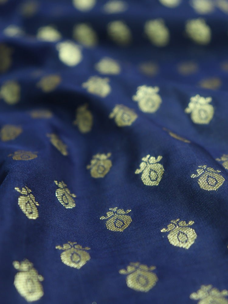Blue Banarasi Silk Zari Booti Design Fabric ( 1 Mtr ) - Luxurion World