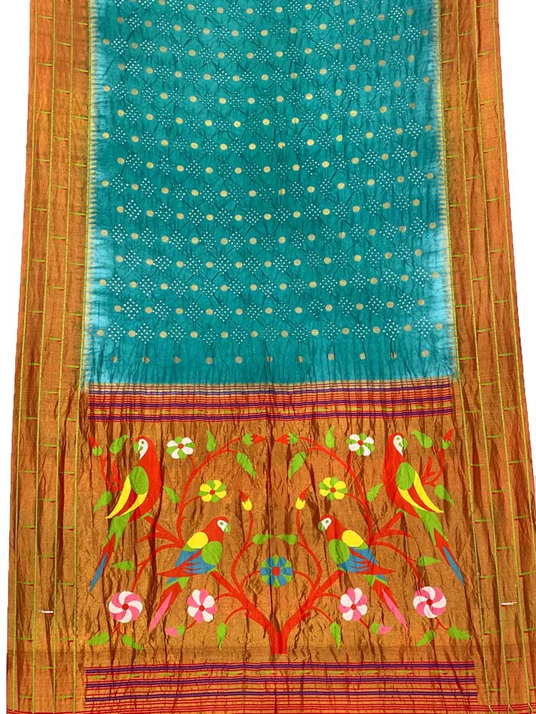 Blue Bandhani Paithani Pure Silk Parrot And Floral Design Saree With Triple Muniya Border