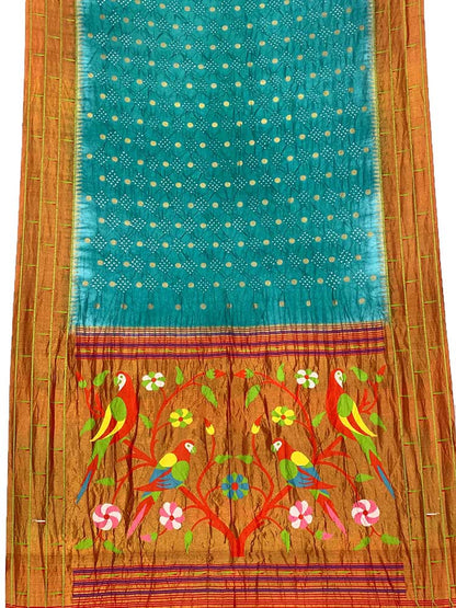Blue Bandhani Paithani Pure Silk Parrot And Floral Design Saree With Triple Muniya Border - Luxurion World