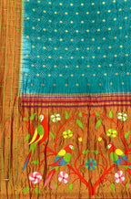 Blue Bandhani Paithani Pure Silk Parrot And Floral Design Saree With Triple Muniya Border - Luxurion World