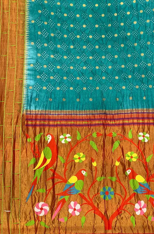 Blue Bandhani Paithani Pure Silk Parrot And Floral Design Saree With Triple Muniya Border - Luxurion World
