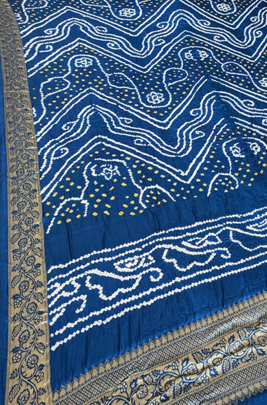 Blue Bandhani Pure Gajji Silk Nakshi Bordar Dupatta - Luxurion World