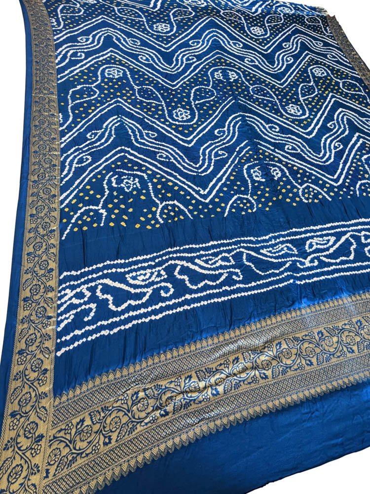Blue Bandhani Pure Gajji Silk Nakshi Bordar Dupatta - Luxurion World