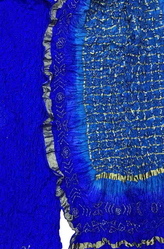 Blue Bandhani Pure Silk Three Piece Unstitched Suit Set - Luxurion World