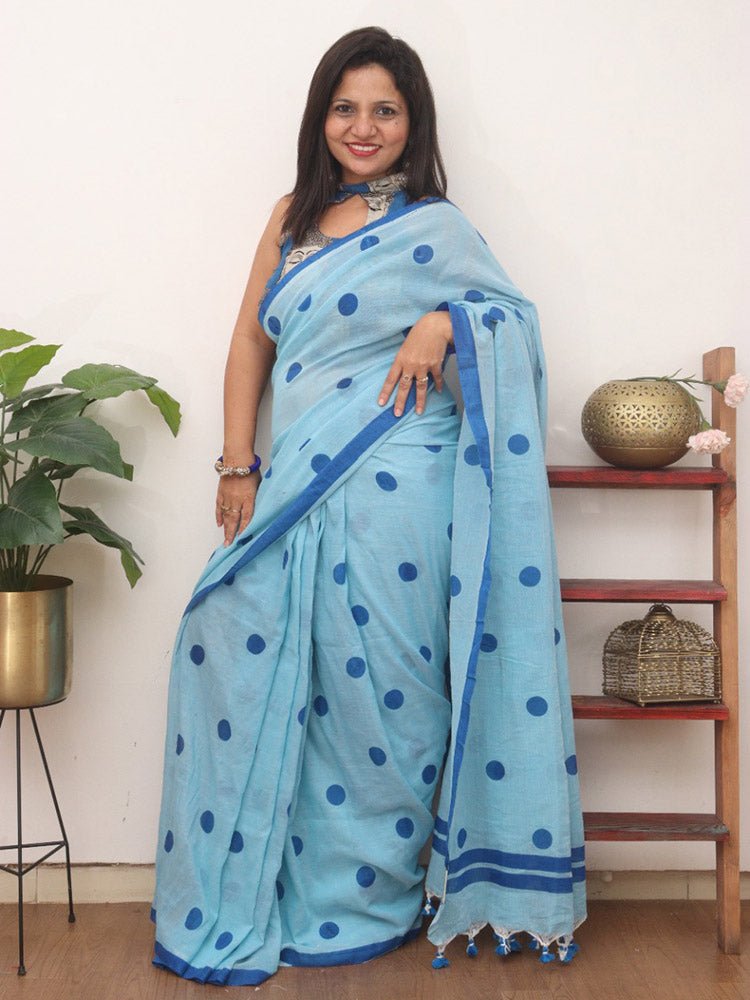 Blue Bengal Cotton Polka Dots Saree - Stylish and Elegant - Luxurion World