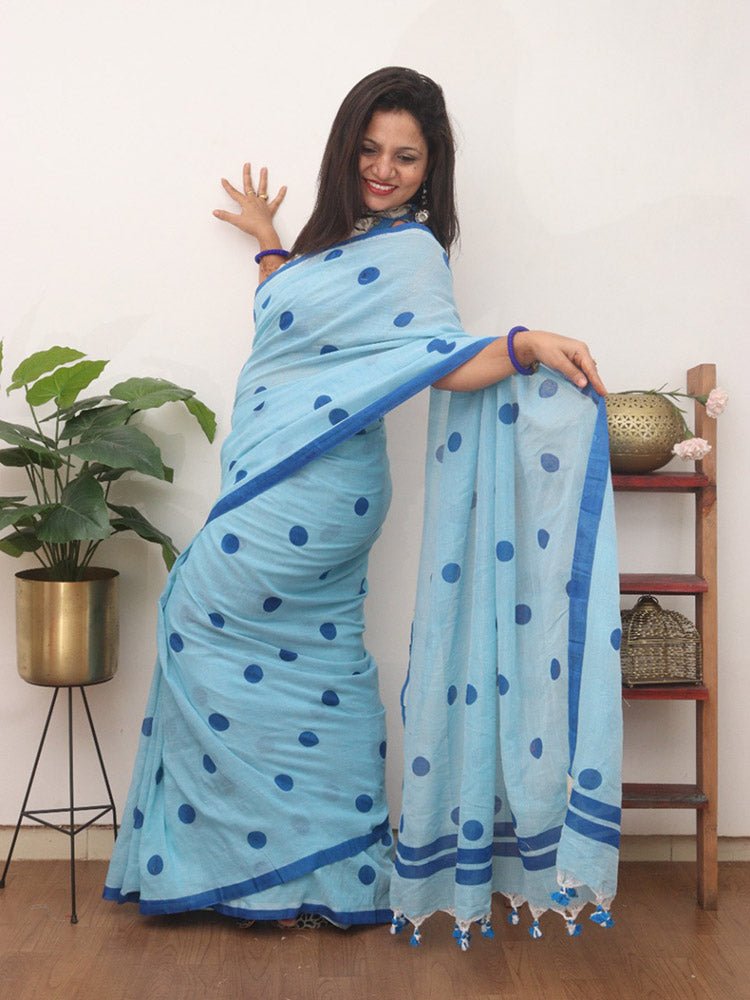 Blue Bengal Cotton Polka Dots Saree - Stylish and Elegant - Luxurion World