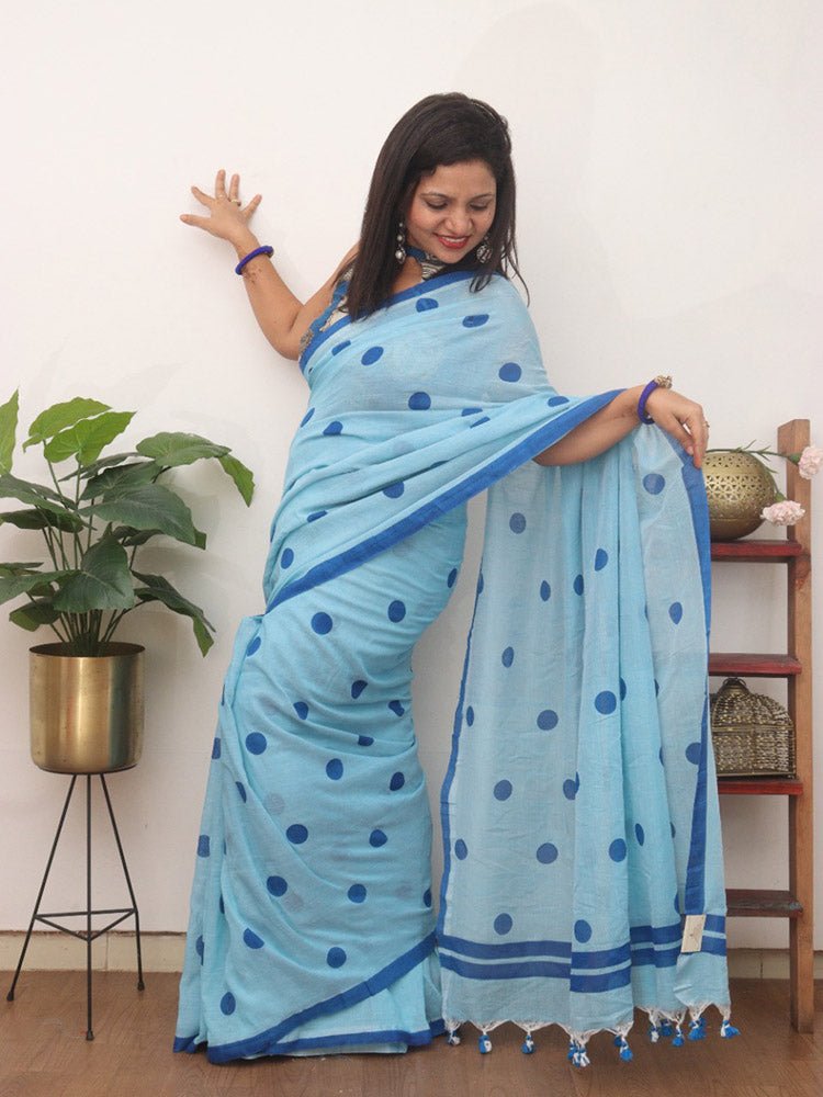 Blue Bengal Cotton Polka Dots Saree - Luxurion World
