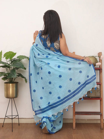 Blue Bengal Cotton Polka Dots Saree - Luxurion World