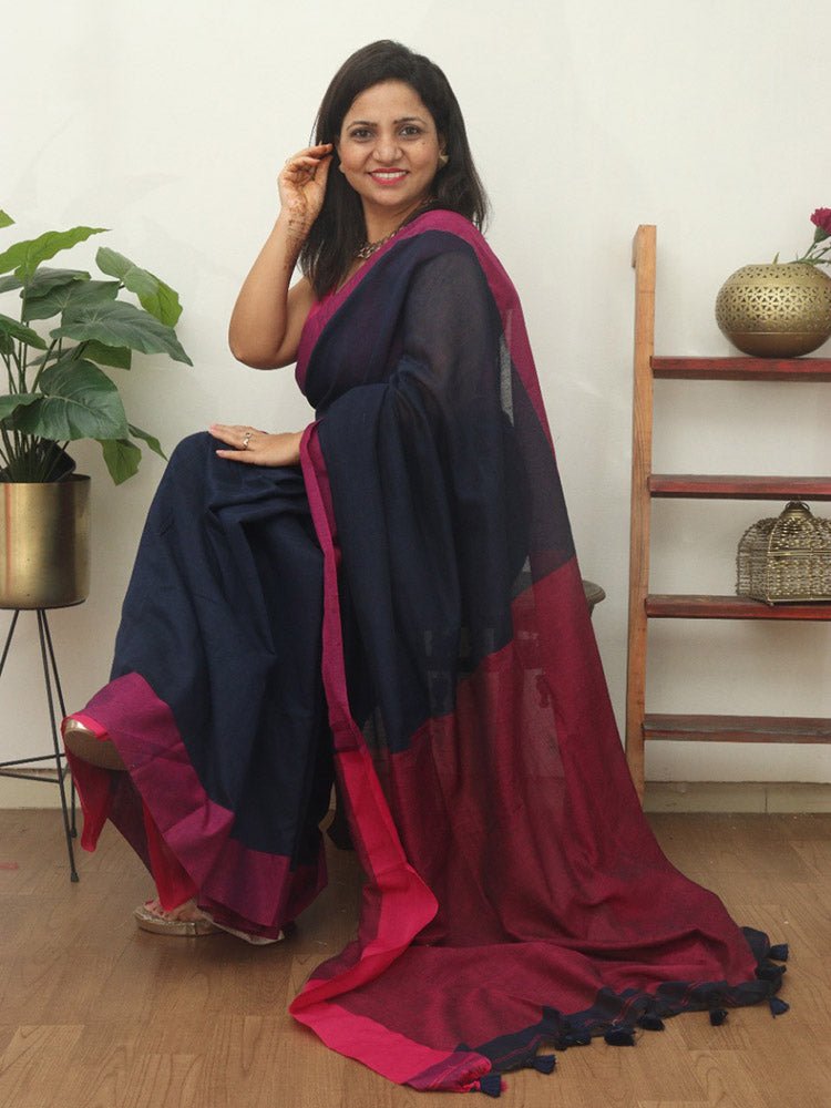 Blue Bengal Plain Cotton Saree - Luxurion World