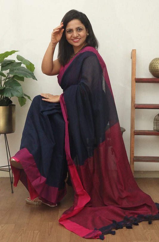 Blue Bengal Plain Cotton Saree - Luxurion World