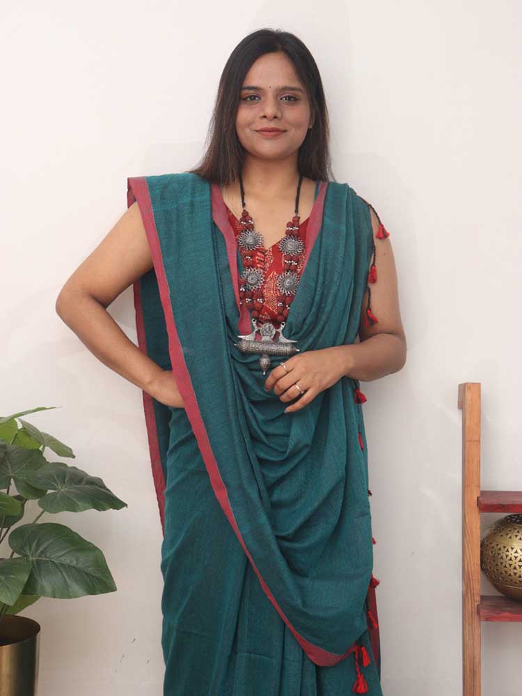 Blue Bengal Plain Cotton Saree - Luxurion World