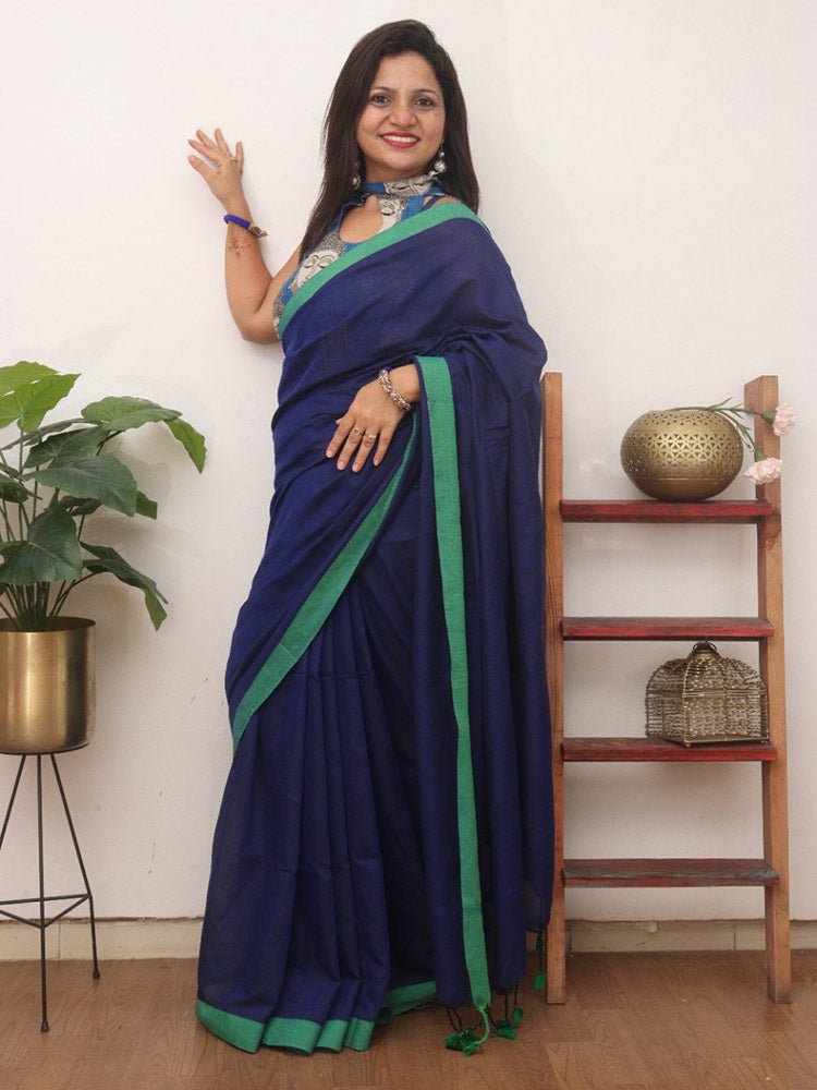 Blue Bengal Plain Cotton Saree - Luxurion World