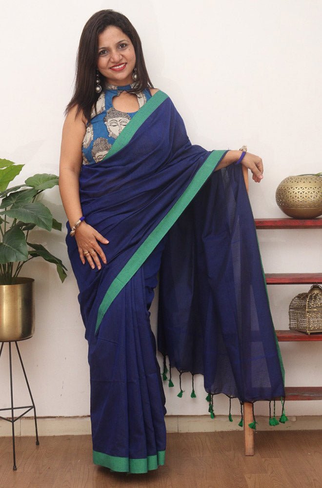 Blue Bengal Plain Cotton Saree - Luxurion World