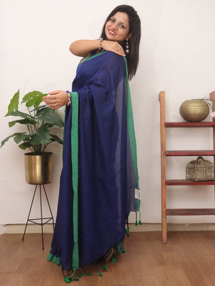 Blue Bengal Plain Cotton Saree - Luxurion World