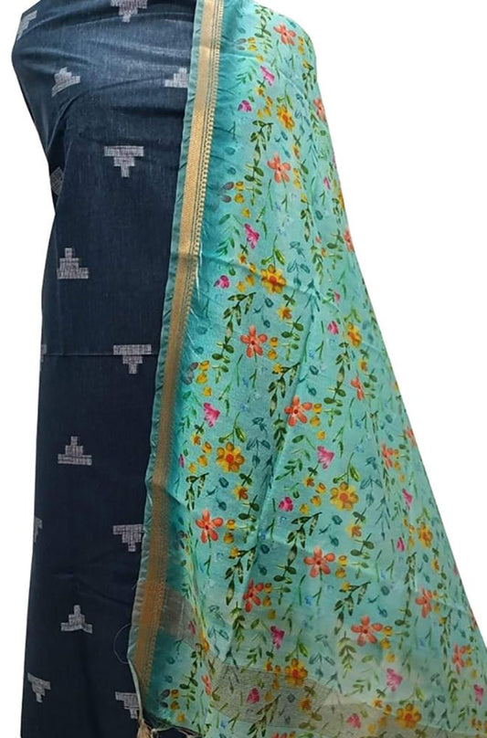 Blue Bhagalpur Linen Two Piece Unstitched Suit Set With Digital Printed Dupatta - Luxurion World