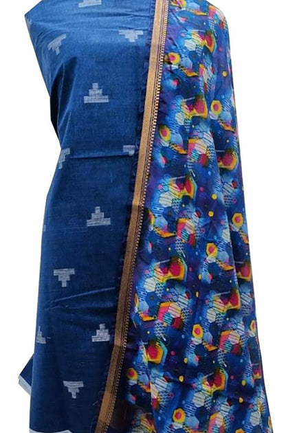 Blue Bhagalpur Linen Two Piece Unstitched Suit Set With Digital Printed Dupatta