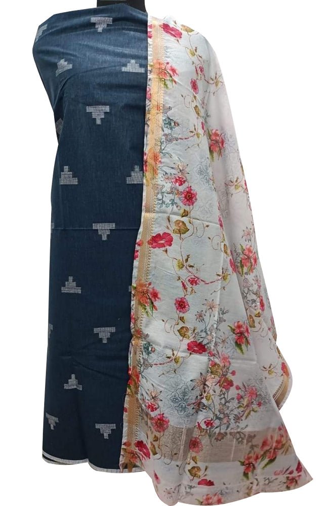 Blue Bhagalpur Linen Two Piece Unstitched Suit Set With Digital Printed Dupatta - Luxurion World