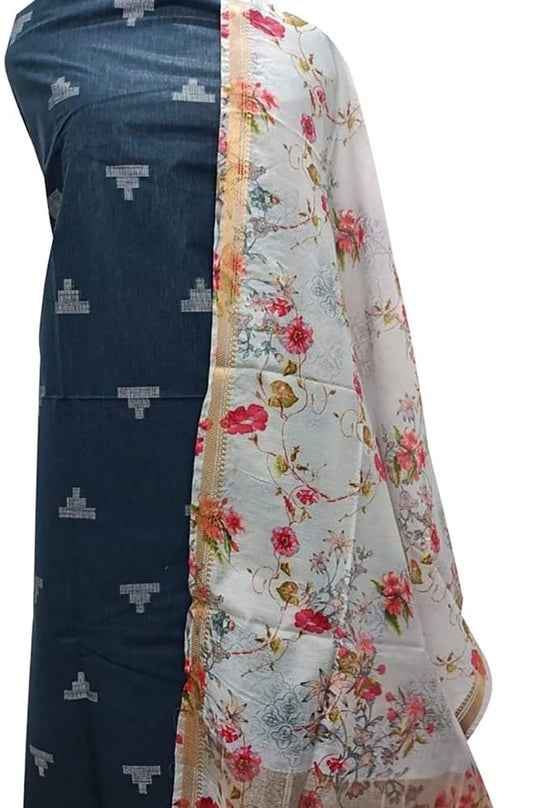Blue Bhagalpur Linen Two Piece Unstitched Suit Set With Digital Printed Dupatta - Luxurion World