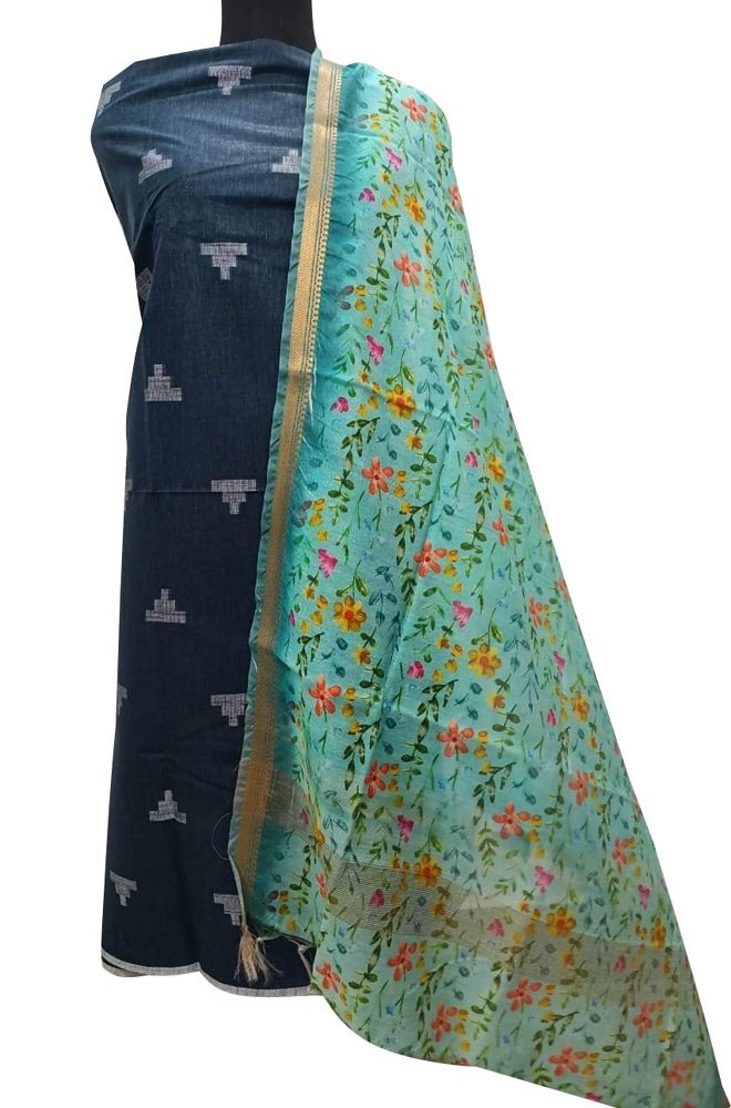 Blue Bhagalpur Linen Two Piece Unstitched Suit Set With Digital Printed Dupatta - Luxurion World