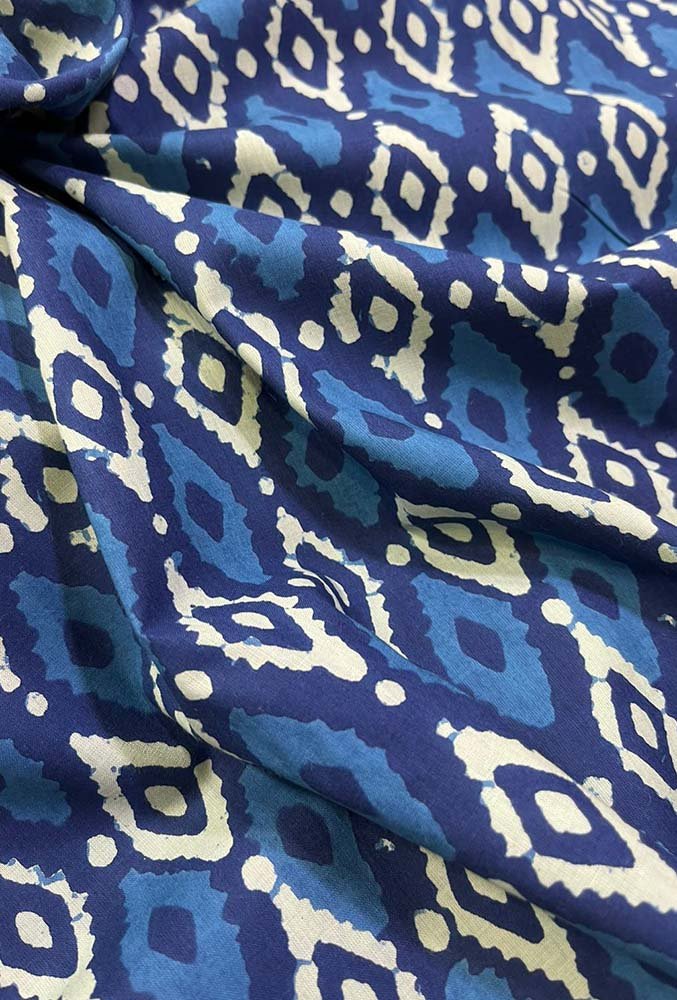 Blue Block Printed Cotton Fabric ( 1 Mtr ) - Luxurion World