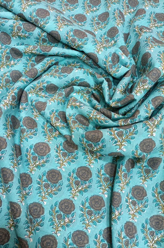 Blue Block Printed Cotton Fabric (1 Mtr) - Luxurion World