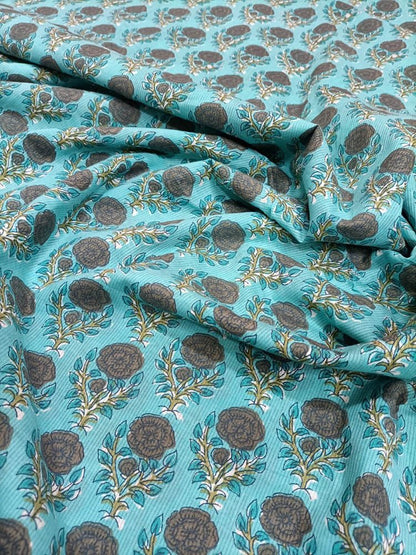 Blue Block Printed Cotton Fabric (1 Mtr) - Luxurion World