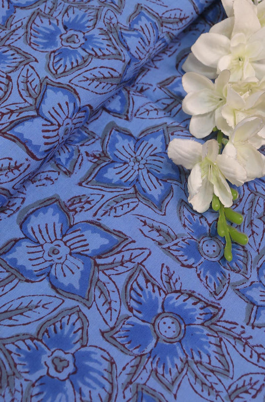 Blue Block Printed Cotton Fabric ( 2.5 Mtr ) - Luxurion World