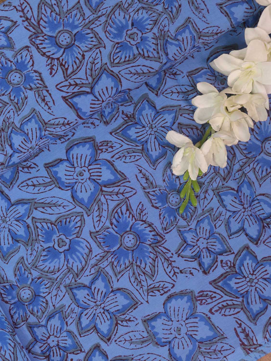 Blue Block Printed Cotton Fabric ( 2.5 Mtr ) - Luxurion World