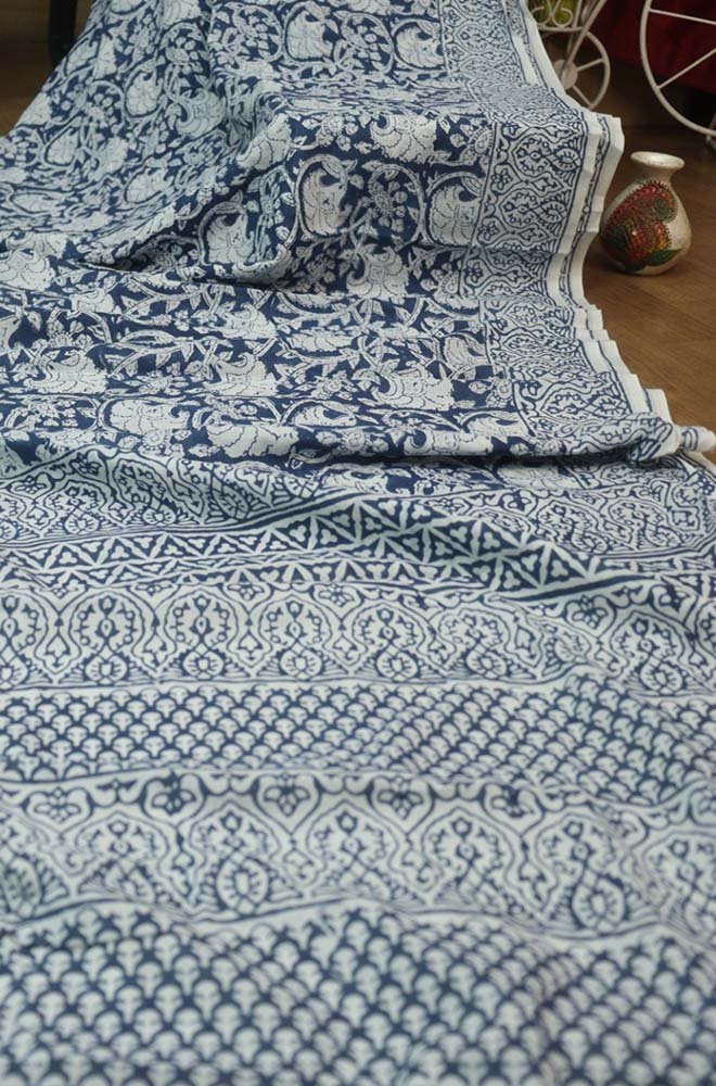 Stylish Blue Block Printed Cotton Saree for Elegant Look - Luxurion World