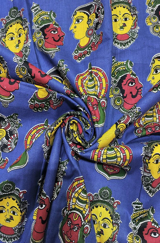 Blue Block Printed Kalamkari Cotton Fabric (1 mtr) - Luxurion World