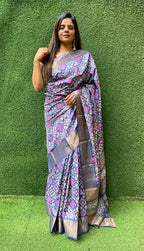 Blue Block Printed Pure Gachi Tussar Silk Saree - Luxurion World