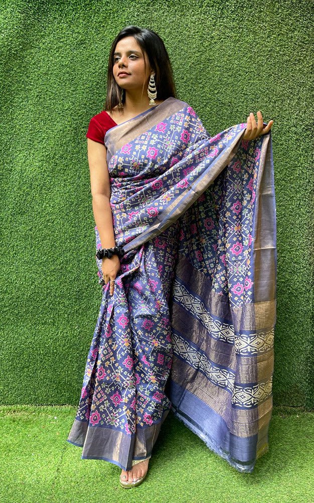 Blue Block Printed Pure Gachi Tussar Silk Saree - Luxurion World