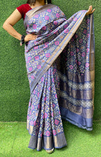 Blue Block Printed Pure Gachi Tussar Silk Saree - Luxurion World