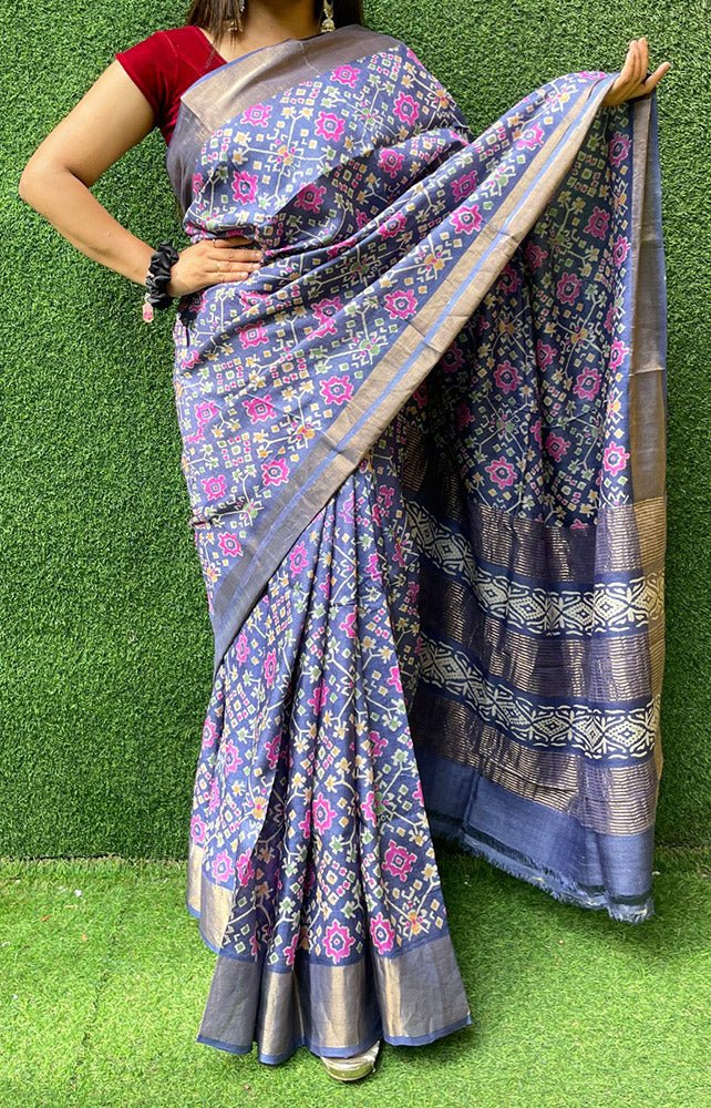 Blue Block Printed Pure Gachi Tussar Silk Saree - Luxurion World
