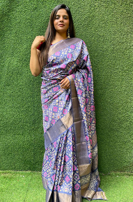 Blue Block Printed Pure Gachi Tussar Silk Saree - Luxurion World