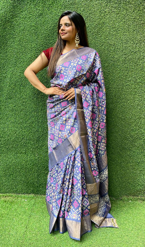 Blue Block Printed Pure Gachi Tussar Silk Saree - Luxurion World