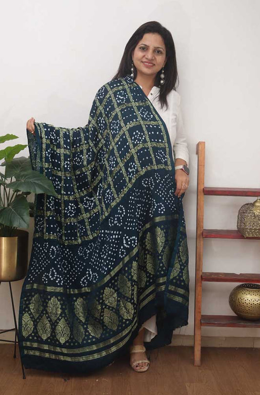 Blue Checks Bandhani Gajji Silk Gharchola Dupatta - Luxurion World
