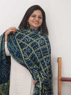 Blue Checks Bandhani Gajji Silk Gharchola Dupatta - Luxurion World