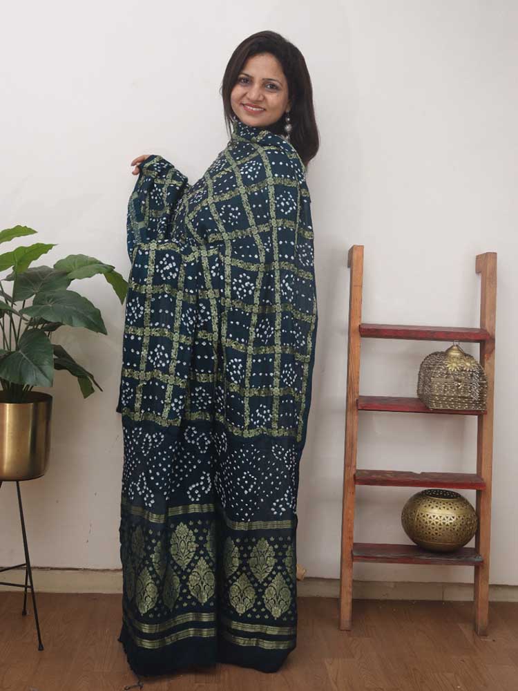Blue Checks Bandhani Gajji Silk Gharchola Dupatta - Luxurion World