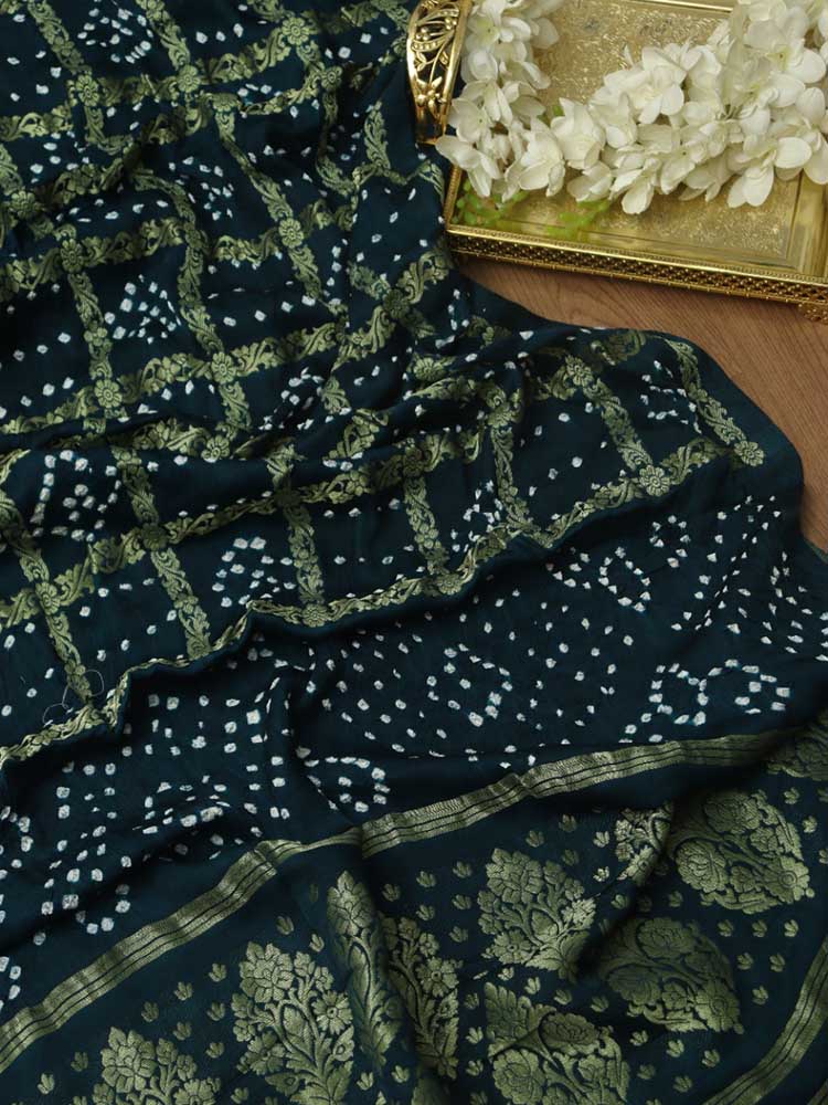Blue Checks Bandhani Gajji Silk Gharchola Dupatta - Luxurion World
