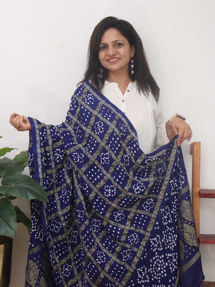 Blue Checks Bandhani Gajji Silk Gharchola Dupatta - Luxurion World