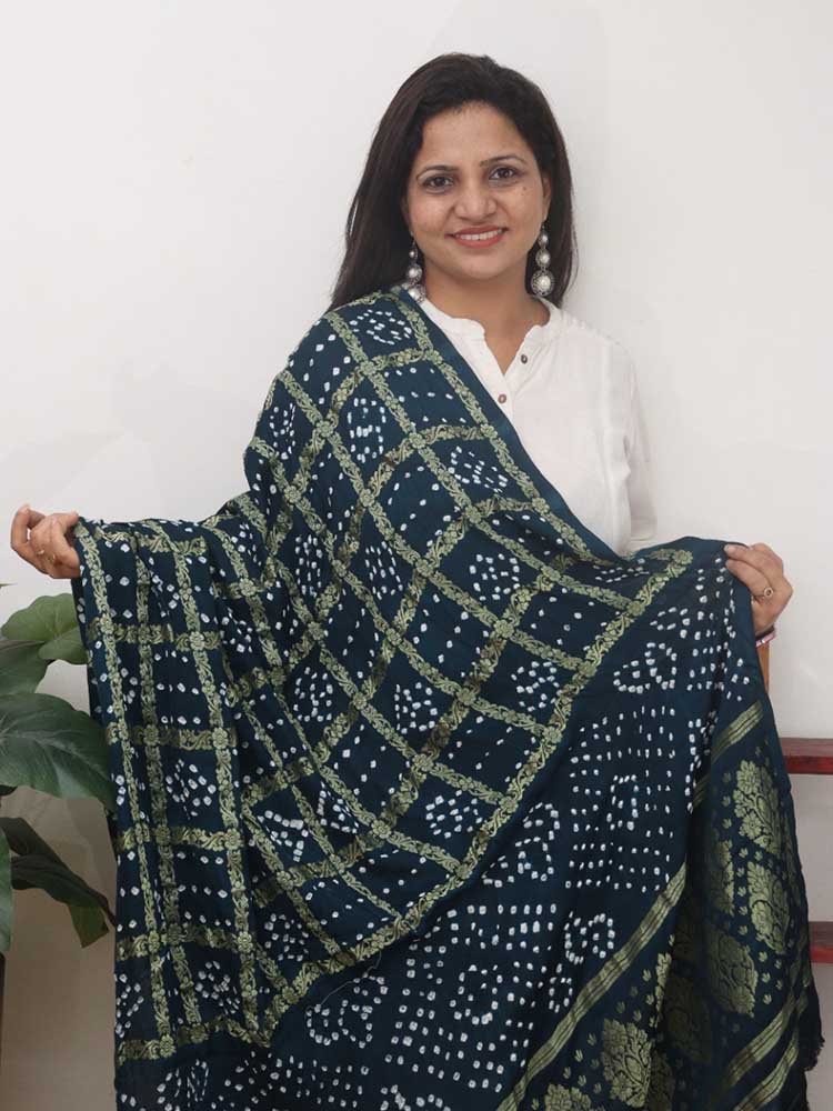 Blue Checks Bandhani Gajji Silk Gharchola Dupatta - Luxurion World