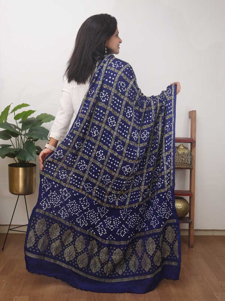 Blue Checks Bandhani Gajji Silk Gharchola Dupatta - Luxurion World