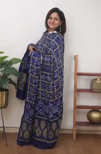 Blue Checks Bandhani Gajji Silk Gharchola Dupatta - Luxurion World