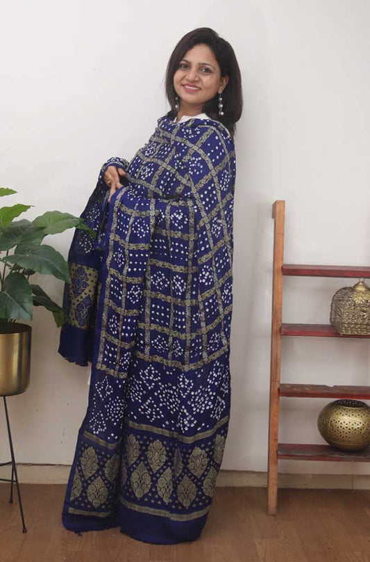 Blue Checks Bandhani Gajji Silk Gharchola Dupatta - Luxurion World
