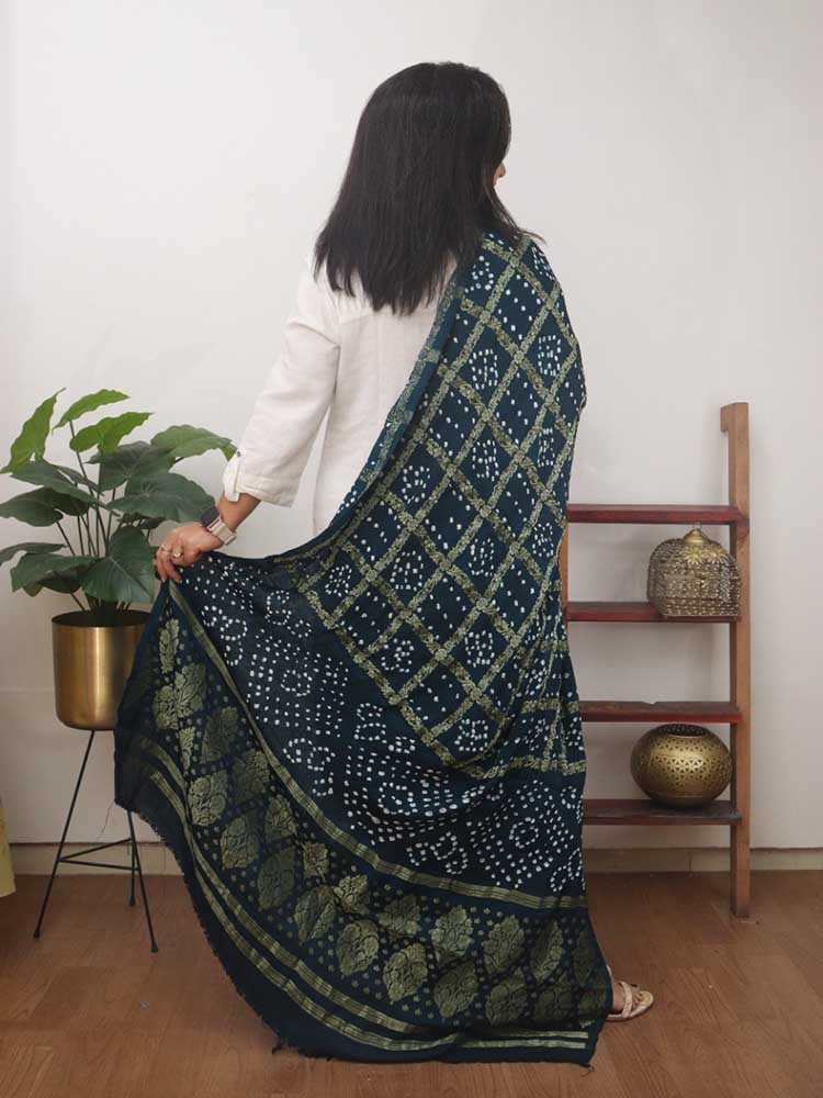 Blue Checks Bandhani Gajji Silk Gharchola Dupatta - Luxurion World