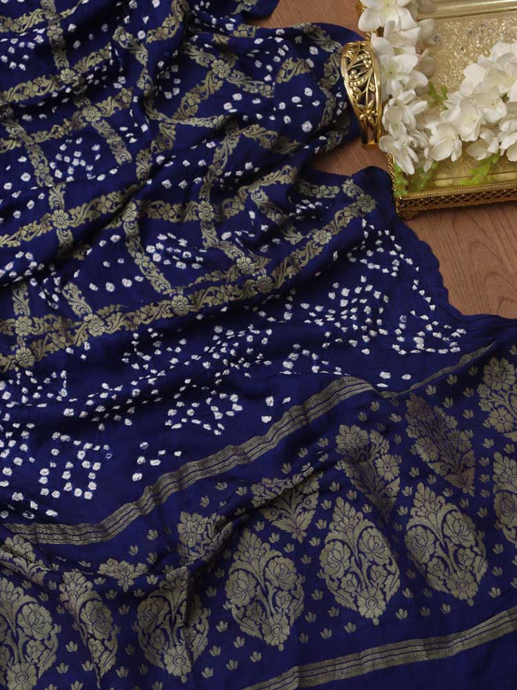 Blue Checks Bandhani Gajji Silk Gharchola Dupatta - Luxurion World